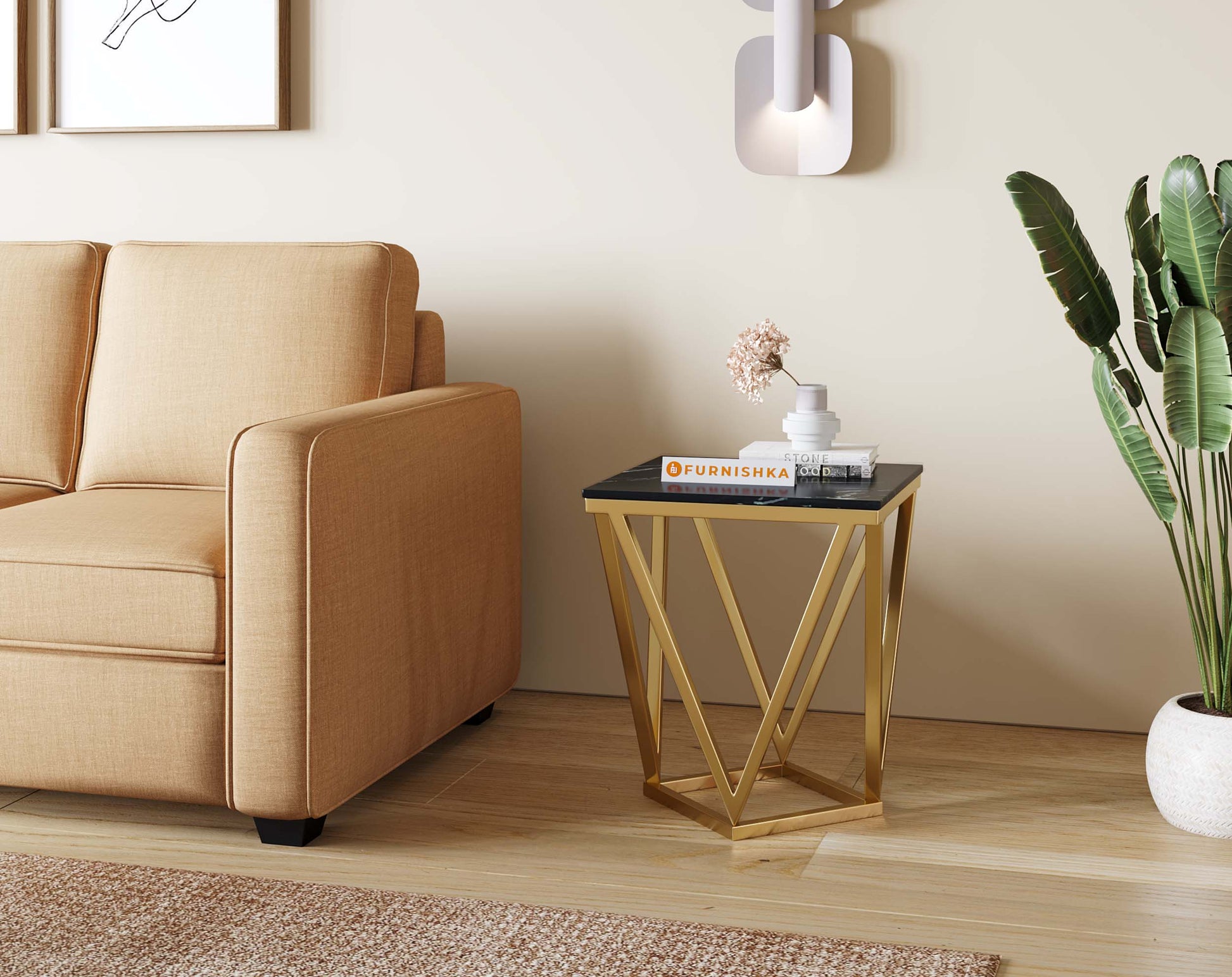 Solaia Side Table with Black Engineered Marble Top - Furnishka 