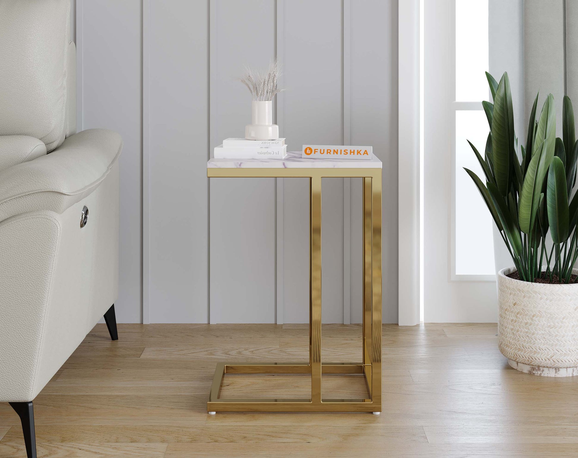 Ovid Side Table with White Engineered Marble Top - Furnishka 