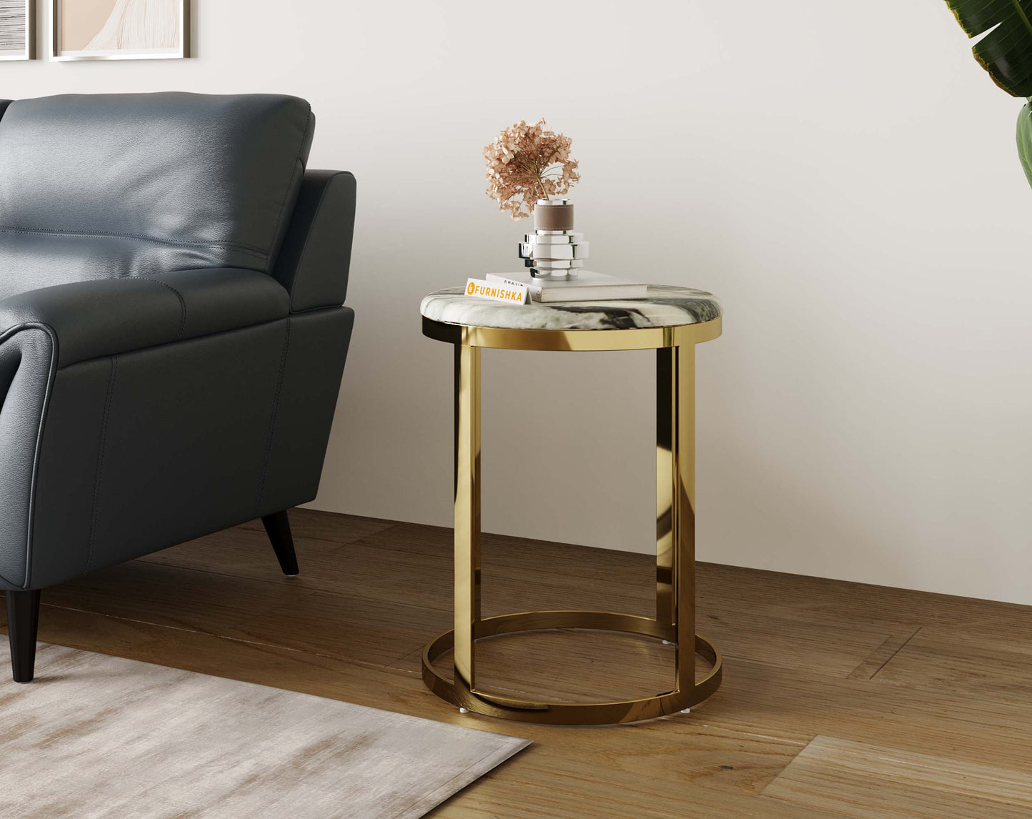 Arcus Side Table with Green Choco Marble Top - Furnishka 