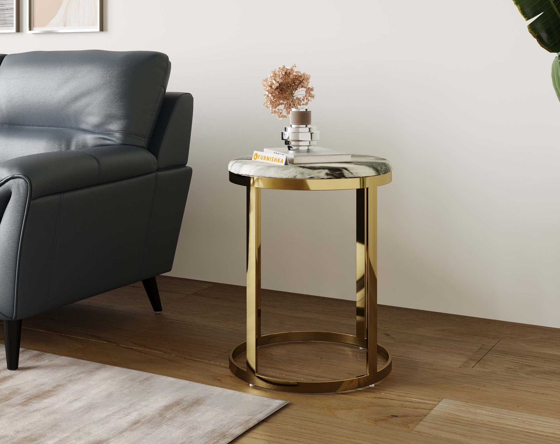 Arcus Side Table with Green Choco Marble Top - Furnishka 