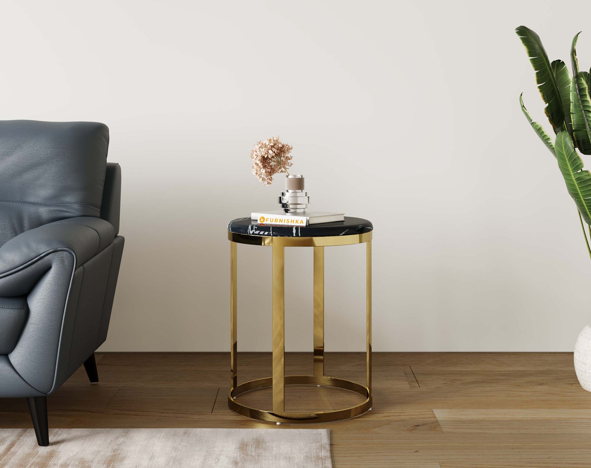 Arcus Side Table with Black Engineered Marble Top - Furnishka 