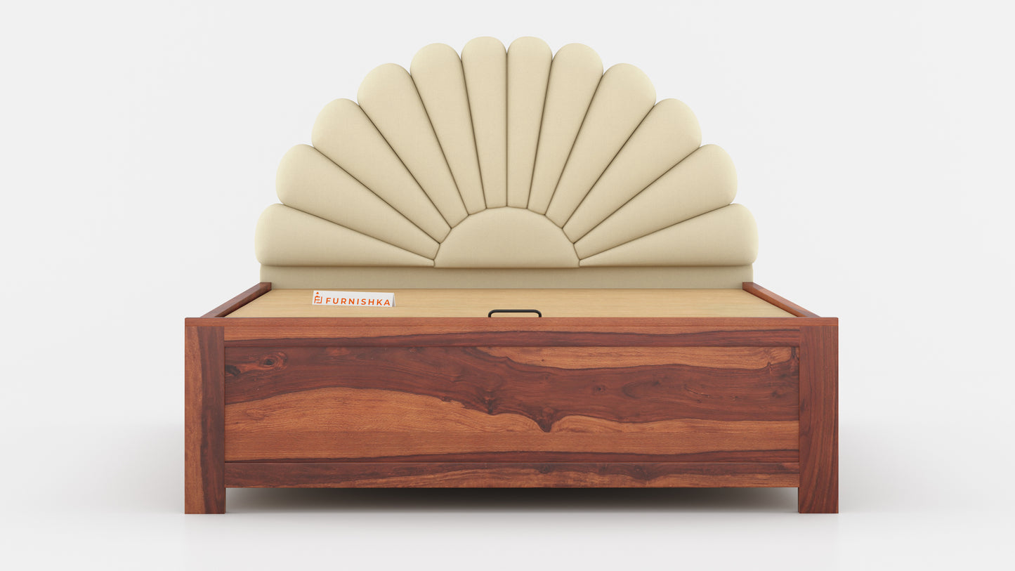 Satin Sheesham Wood bed with Upholstered headboard Hydraulic Storage King Size
