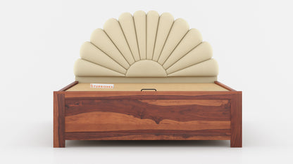 Satin Sheesham Wood bed with Upholstered headboard Hydraulic Storage King Size