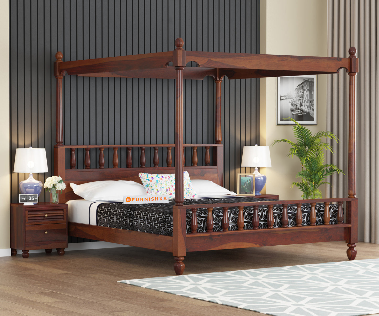 Camila Poster Sheesham Wood King Size Bed without Storage
