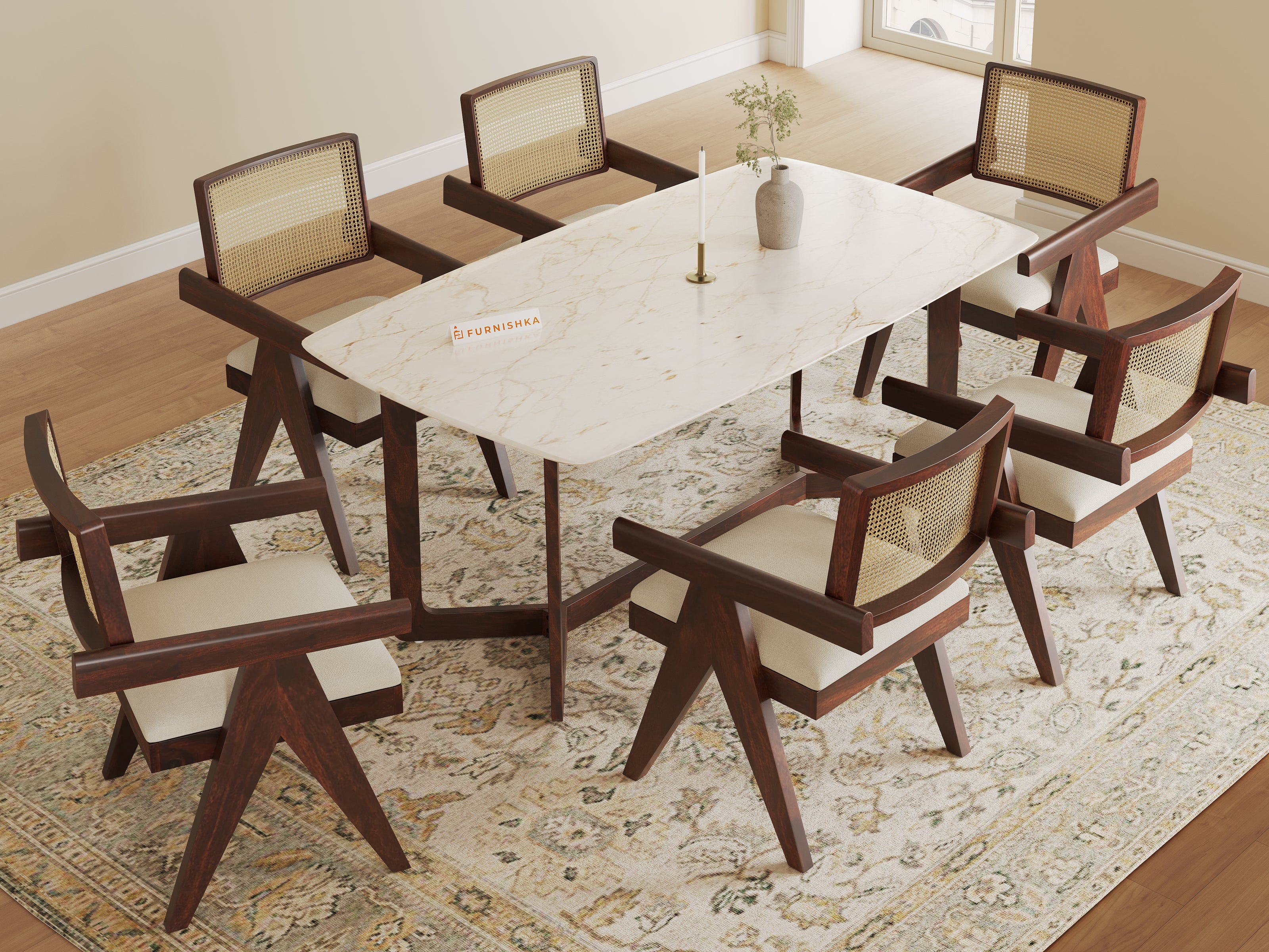 Vetra Dining Table with Rosalia Gold Engineered Marble Sandwich Top - 6 Seater - Furnishka 