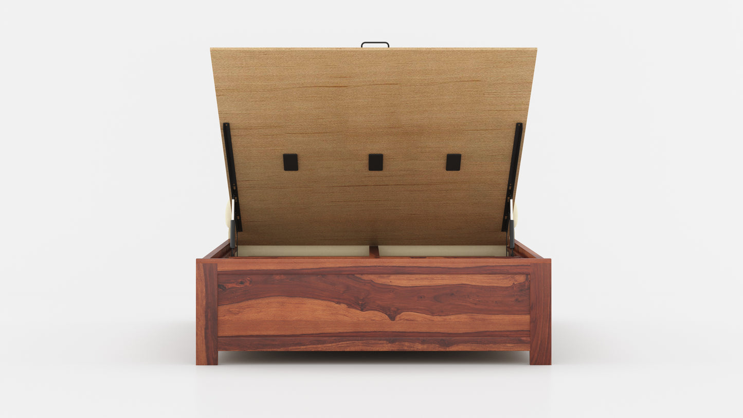 Satin Sheesham Wood bed with Upholstered headboard Hydraulic Storage King Size