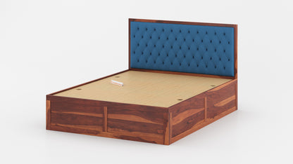 Harshlyn Sheesham Wood bed with Upholstered headboard Box Storage Queen Size