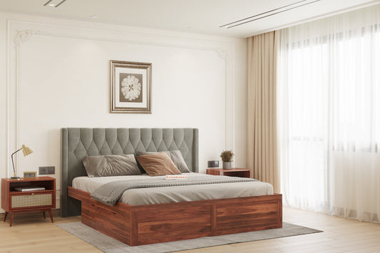 Samawi Sheesham Wood bed with Upholstered headboard Drawer Storge King Size