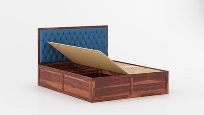 Harshlyn Sheesham Wood bed with Upholstered headboard Box Storage Queen Size