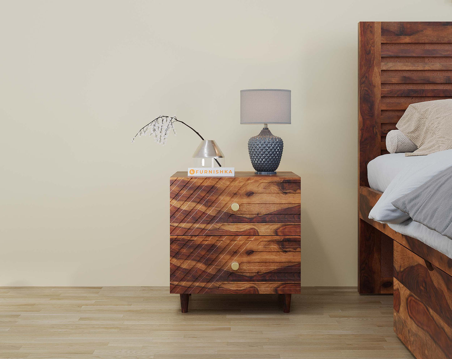 Stella Double Drawer Bedside Table In Sheesham - Furnishka 