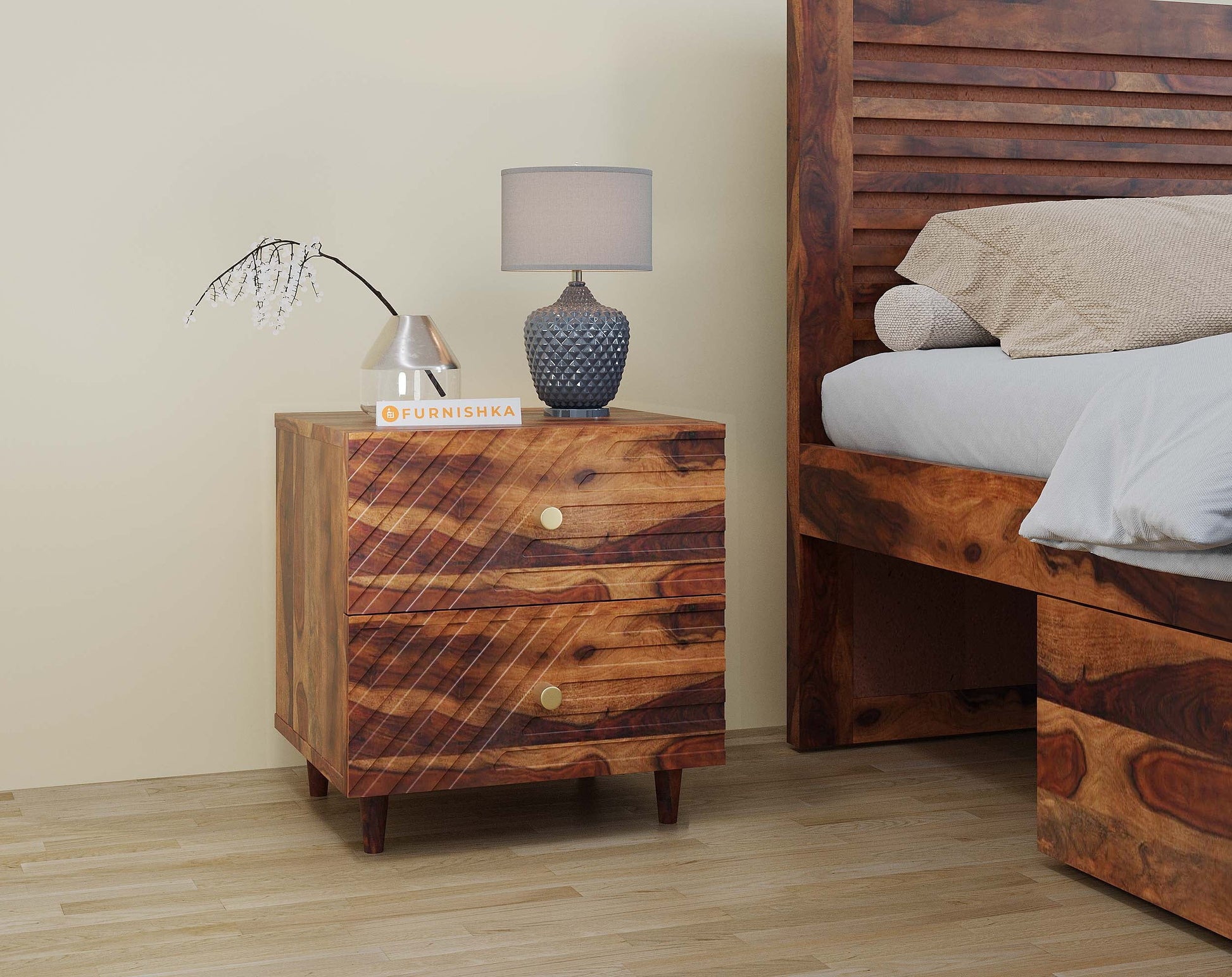 Stella Double Drawer Bedside Table In Sheesham - Furnishka 
