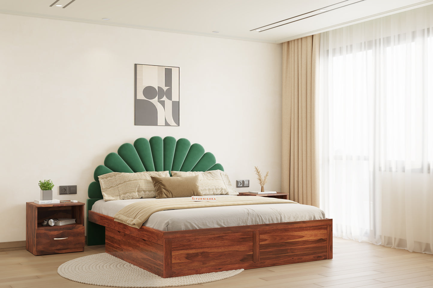 Satin Sheesham Wood bed with Upholstered headboard Drawer Storge King Size