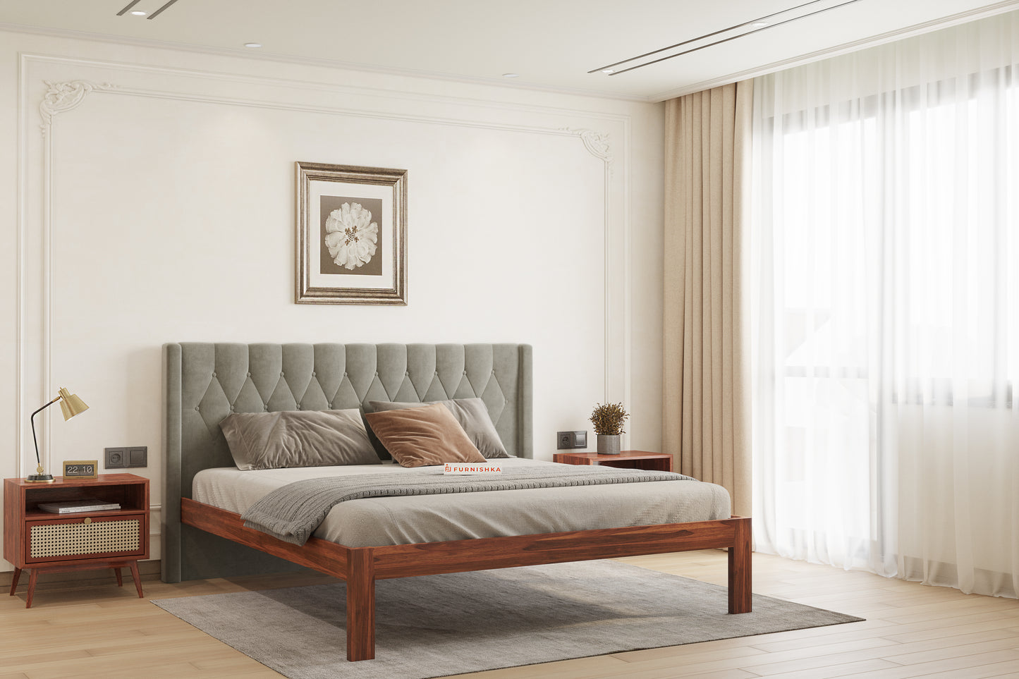 Samawi Sheesham Wood bed with Upholstered headboard Non Storage King Size