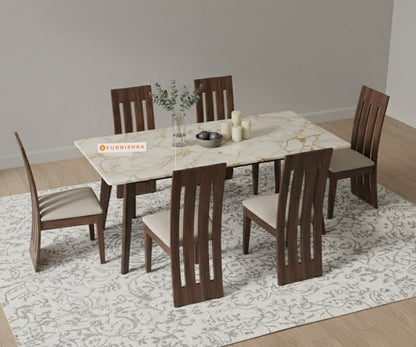 Vedh(Agar) 6 Seater Dining sets with Rosalia Gold Engineered Marble Sandwich Top