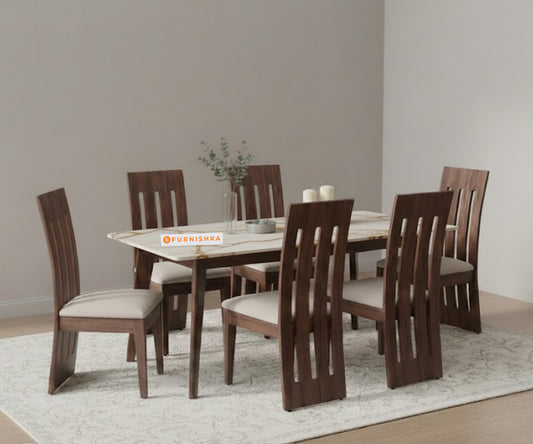 Vedh(Agar) 6 Seater Dining sets with Rosalia Gold Engineered Marble Sandwich Top