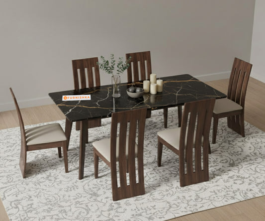 Vedh(Agar)6 Seater Compact Dining Sets with Black Engineered Marble Top
