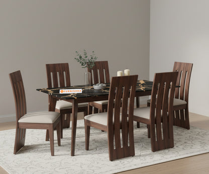 Vedh(Agar)6 Seater Compact Dining Sets with Black Engineered Marble Top