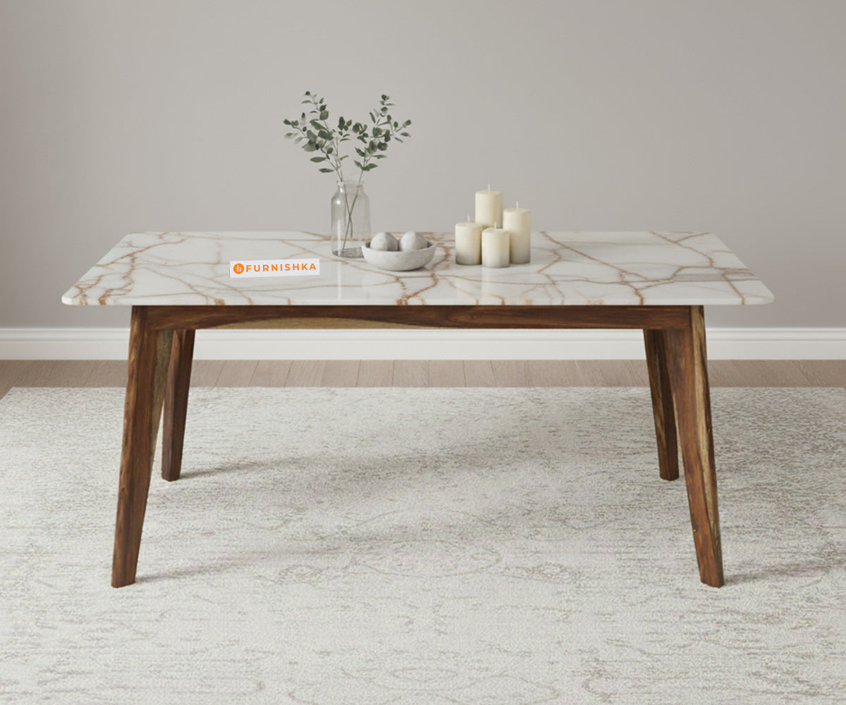 Vedh(Agar) 6 Seater Dining Sets Compact with Rosalia Gold Engineered Marble Sandwich Top