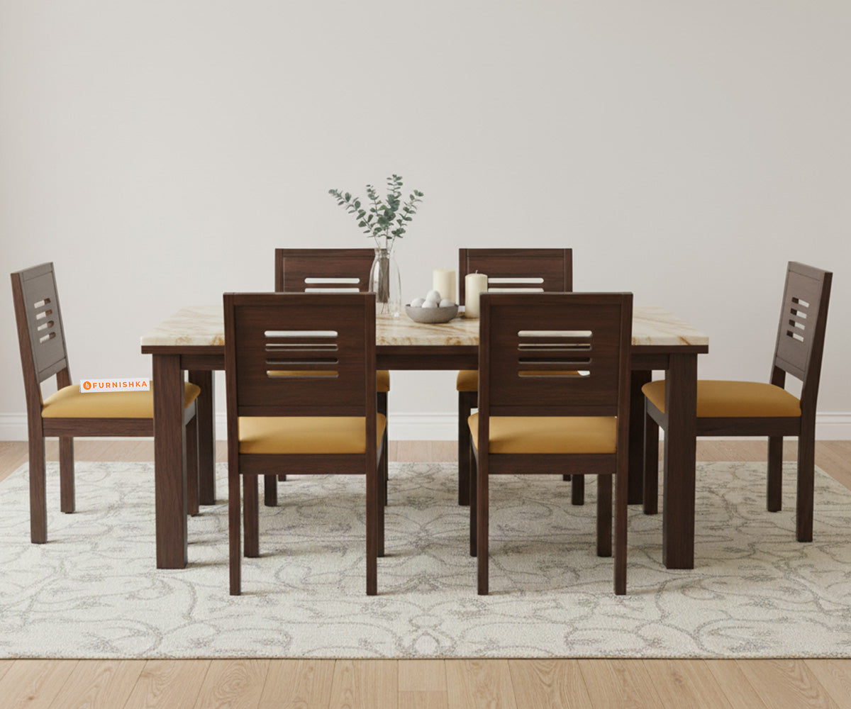 Zhera 6 Seater Dining Sets with Rosalia Gold Engineered Marble Sandwich Top