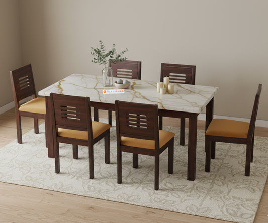 Zhera 6 Seater Dining Sets with Rosalia Gold Engineered Marble Sandwich Top