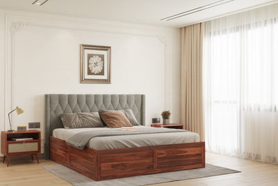 Samawi Sheesham Wood bed with Upholstered headboard Box Storage Queen Size