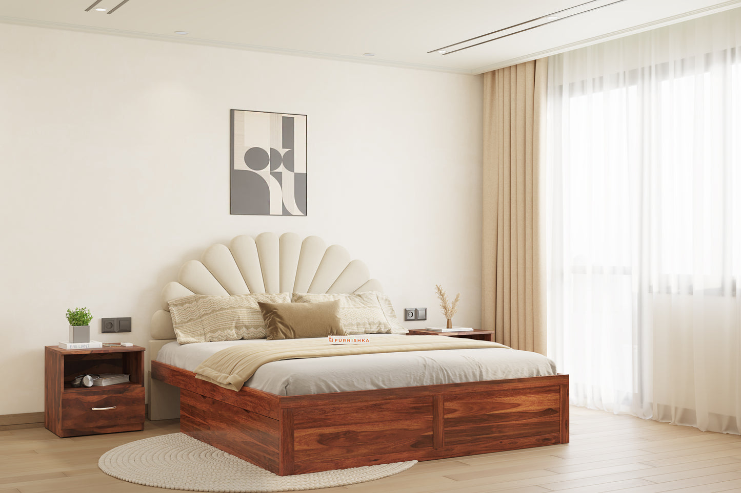 Satin Sheesham Wood bed with Upholstered headboard Drawer Storge King Size