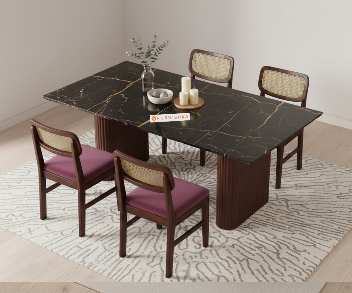 Swaarno 4 Seater Dining Sets with  Black Engineered Marble Top in  Dark Walnut Finish