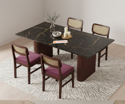 Swaarno 4 Seater Dining Sets with  Black Engineered Marble Top in  Dark Walnut Finish