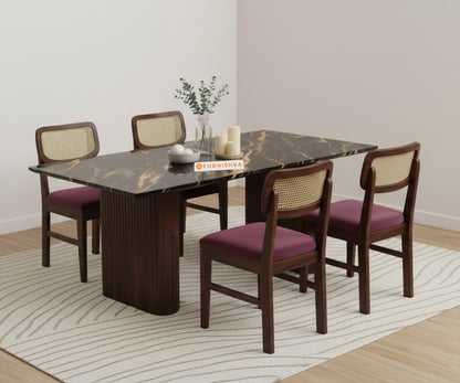 Swaarno 4 Seater Dining Sets with  Black Engineered Marble Top in  Dark Walnut Finish
