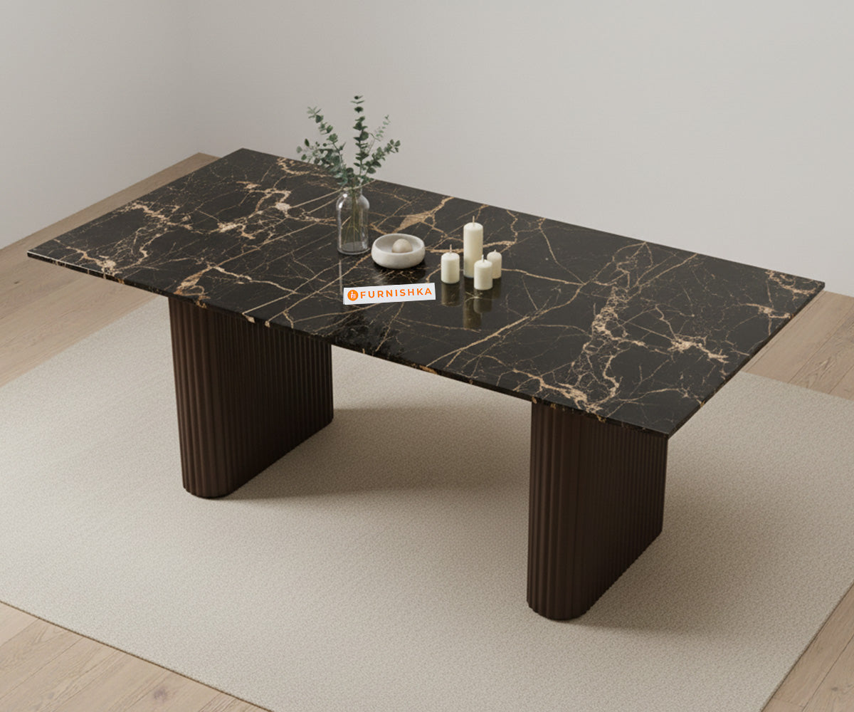 Swaarno 4 Seater Dining Sets with  Black Engineered Marble Top in  Dark Walnut Finish