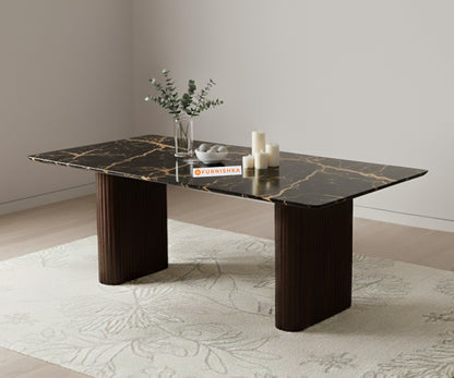 Swaarno 4 Seater Dining Sets with  Black Engineered Marble Top in  Dark Walnut Finish