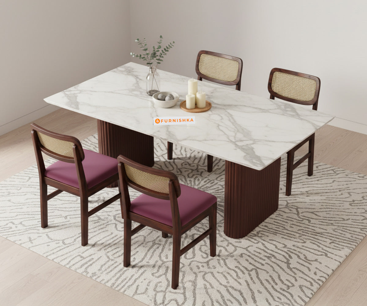 Swaarno 4 Seater Dining Sets with White Engineered Marble Top in  Dark Walnut Finish