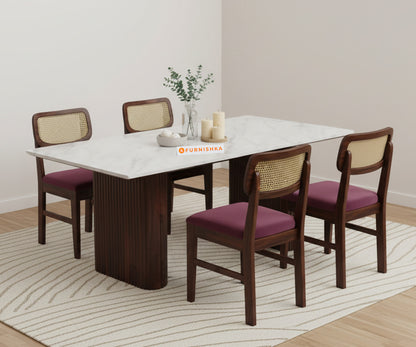 Swaarno 4 Seater Dining Sets with White Engineered Marble Top in  Dark Walnut Finish
