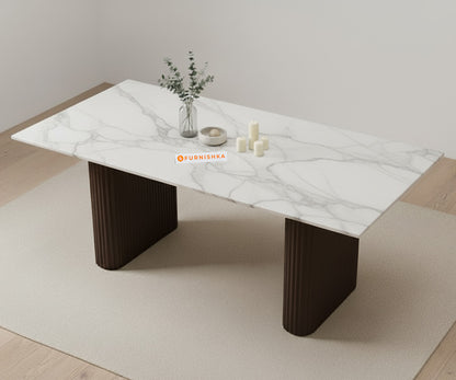 Swaarno 4 Seater Dining Sets with White Engineered Marble Top in  Dark Walnut Finish