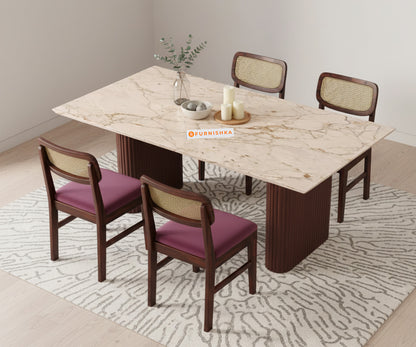 Swaarno 4 Seater Dining Sets with ROSALIA GOLD sandwich Engineering Marble Top  in Dark Walnut Finish