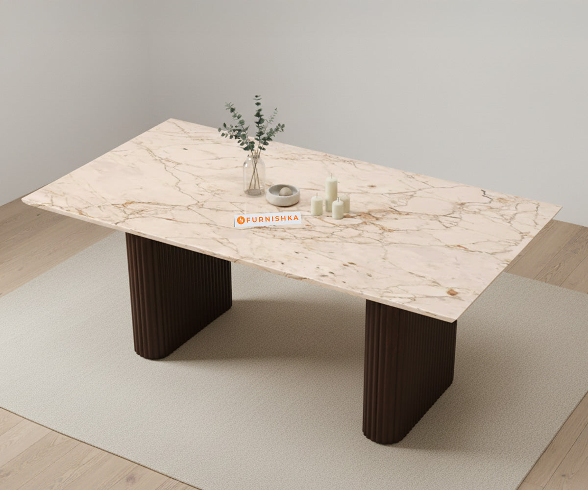 Swaarno 4 Seater Dining Sets with ROSALIA GOLD sandwich Engineering Marble Top  in Dark Walnut Finish