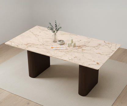 Swaarno 4 Seater Dining Sets with ROSALIA GOLD sandwich Engineering Marble Top  in Dark Walnut Finish