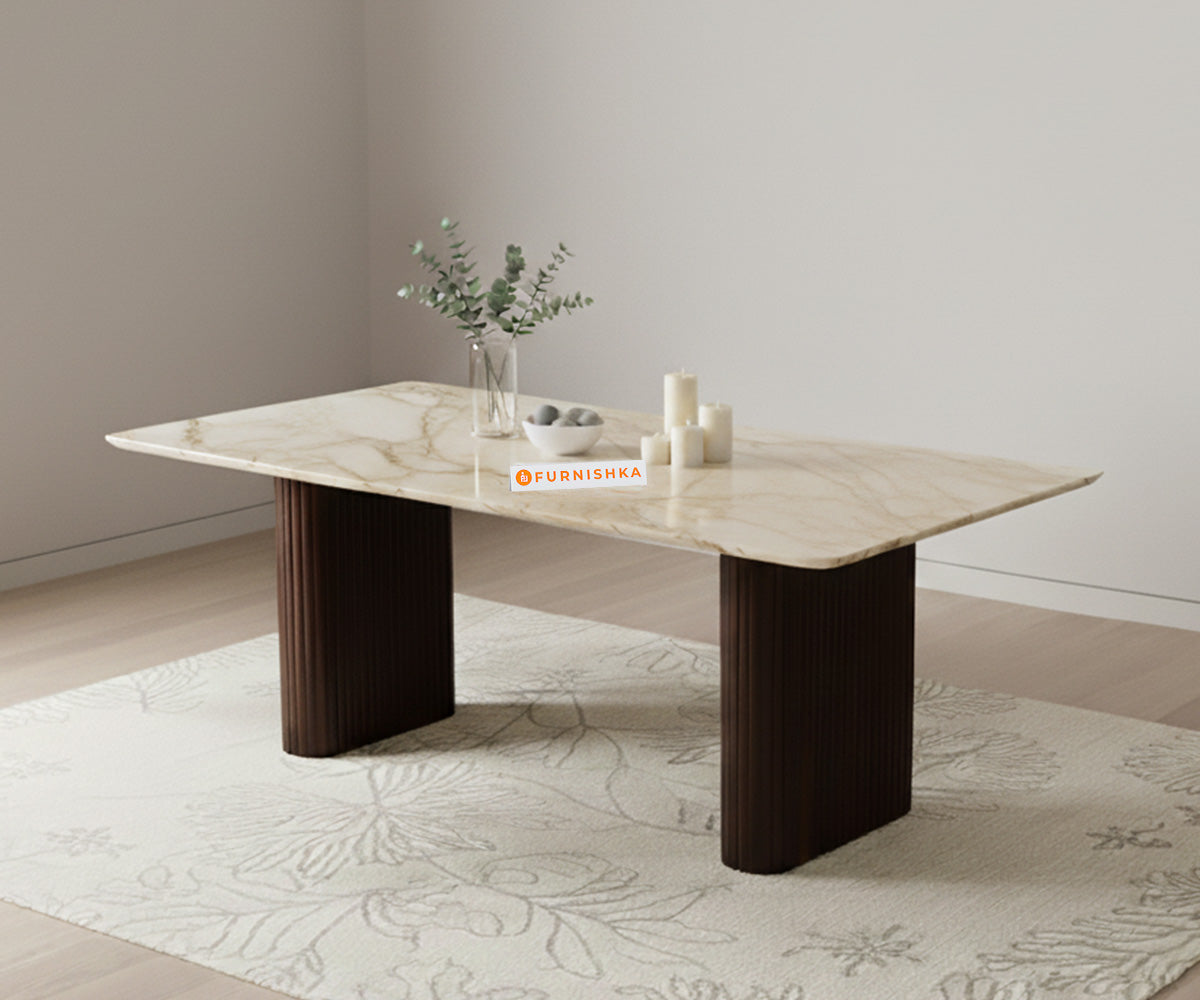 Swaarno 4 Seater Dining Sets with ROSALIA GOLD sandwich Engineering Marble Top  in Dark Walnut Finish