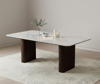 Swaarno 4 Seater Dining Sets with Quartz sandwich Engineering Marble Top in Dark Walnut Finish