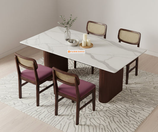 Swaarno 4 Seater Dining Sets with Quartz sandwich Engineering Marble Top in Dark Walnut Finish