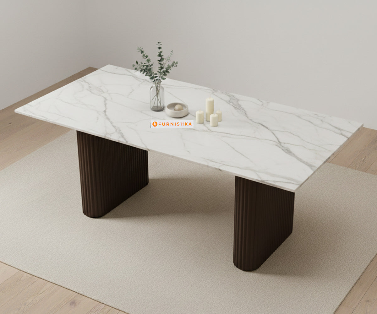 Swaarno 4 Seater Dining Sets with Indian Marble sandwich Engineering Marble Top in Dark Walnut Finish