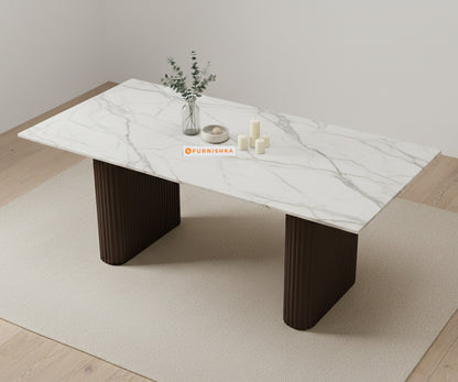 Swaarno 4 Seater Dining Sets with Indian Marble sandwich Engineering Marble Top in Dark Walnut Finish