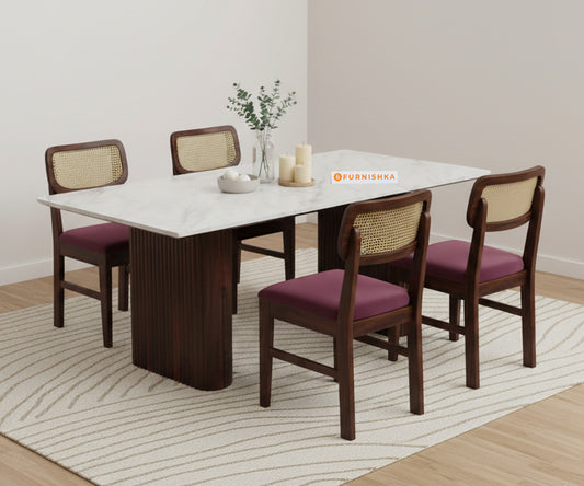 Swaarno 4 Seater Dining Sets with Indian Marble sandwich Engineering Marble Top in Dark Walnut Finish