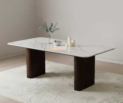 Swaarno 4 Seater Dining Sets with Indian Marble sandwich Engineering Marble Top in Dark Walnut Finish