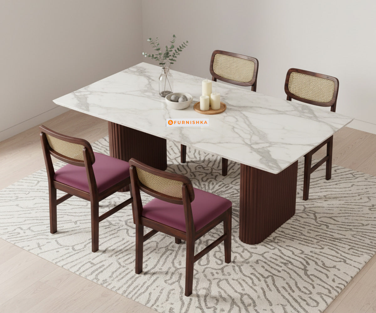 Swaarno 4 Seater Dining Sets with Indian Marble sandwich Engineering Marble Top in Dark Walnut Finish