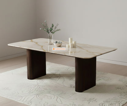 Swaarno 4 Seater Dining Sets with Australian Onyx sandwich Engineering Marble Top in Dark Walnut Finish