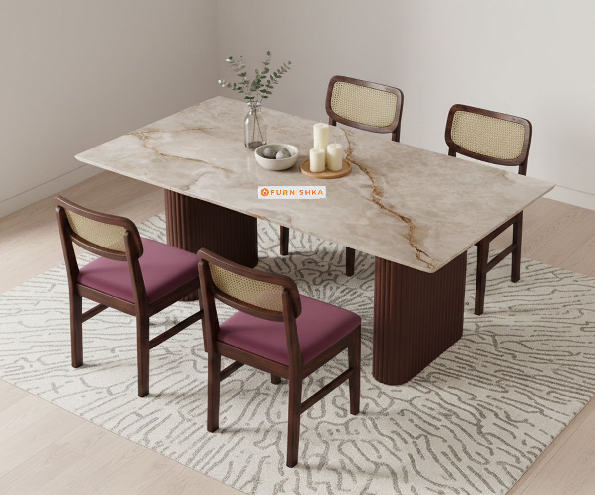 Swaarno 4 Seater Dining Sets with Australian Onyx sandwich Engineering Marble Top in Dark Walnut Finish