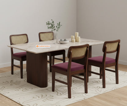Swaarno 4 Seater Dining Sets with Australian Onyx sandwich Engineering Marble Top in Dark Walnut Finish
