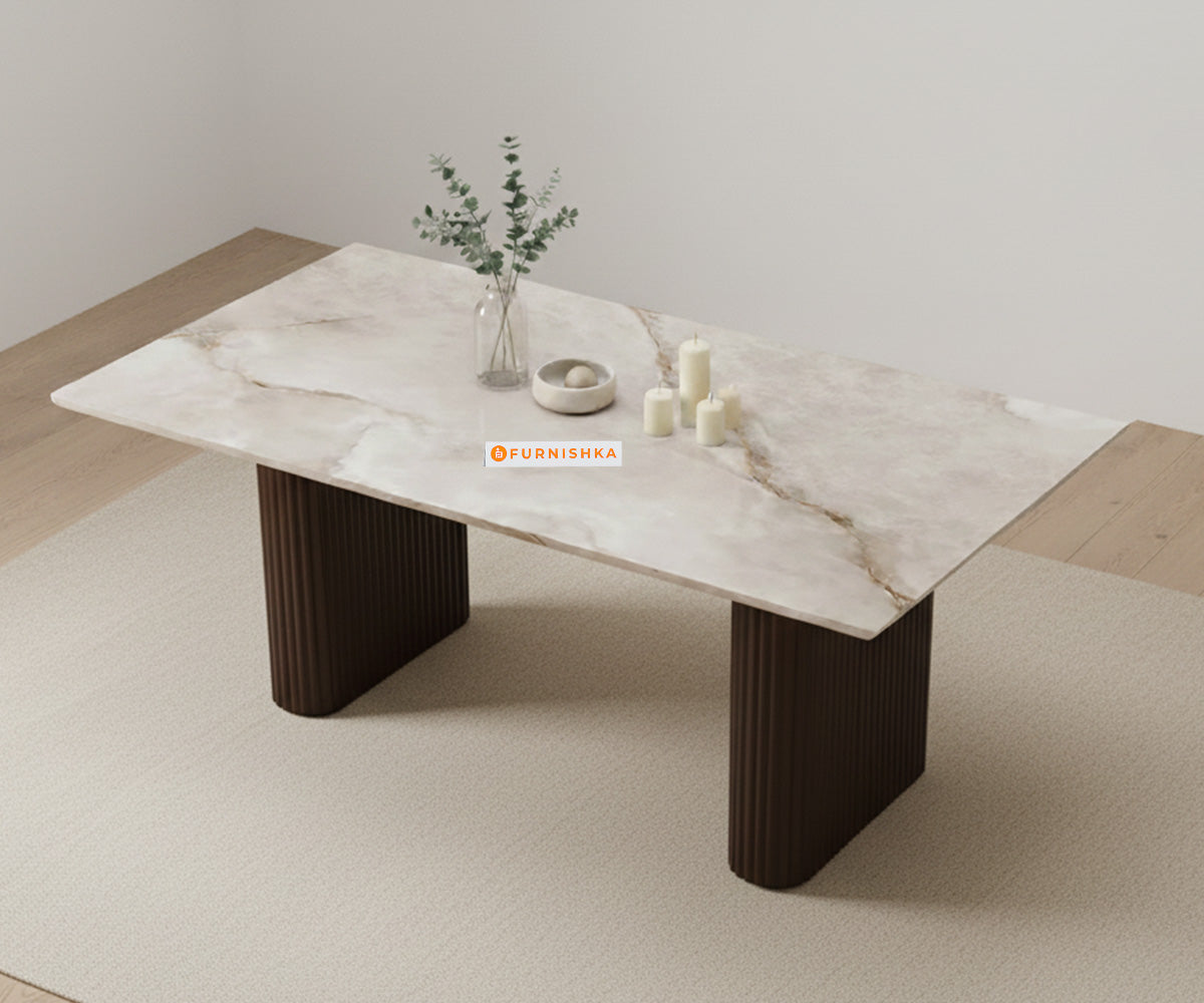 Swaarno 4 Seater Dining Sets with Australian Onyx sandwich Engineering Marble Top in Dark Walnut Finish