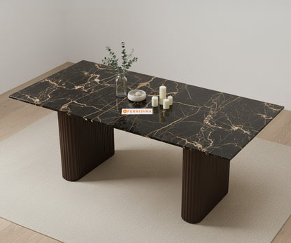 Swaarno 6 Seater Dining Sets with  Black Engineered Marble Top in Dark Walnut Finish